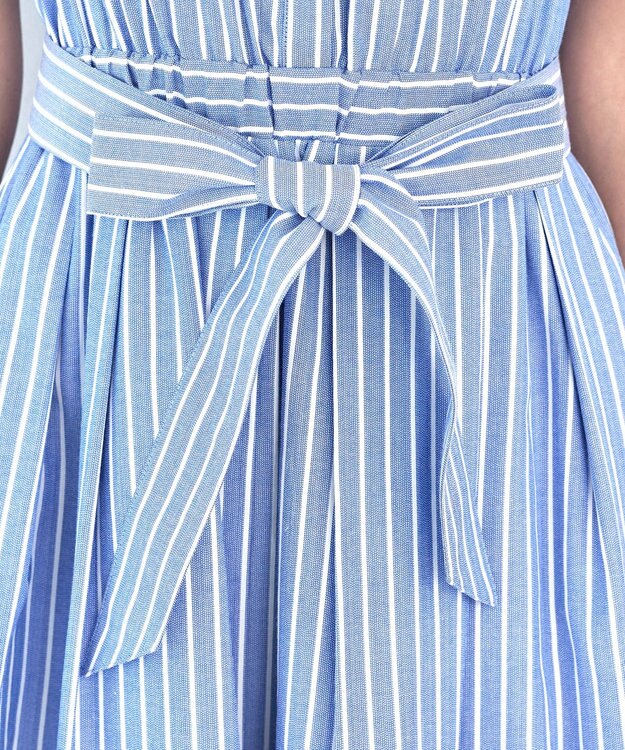 Tiaclasse L 【洗える】フレアスリーブシャツワンピース ブルーストライプ