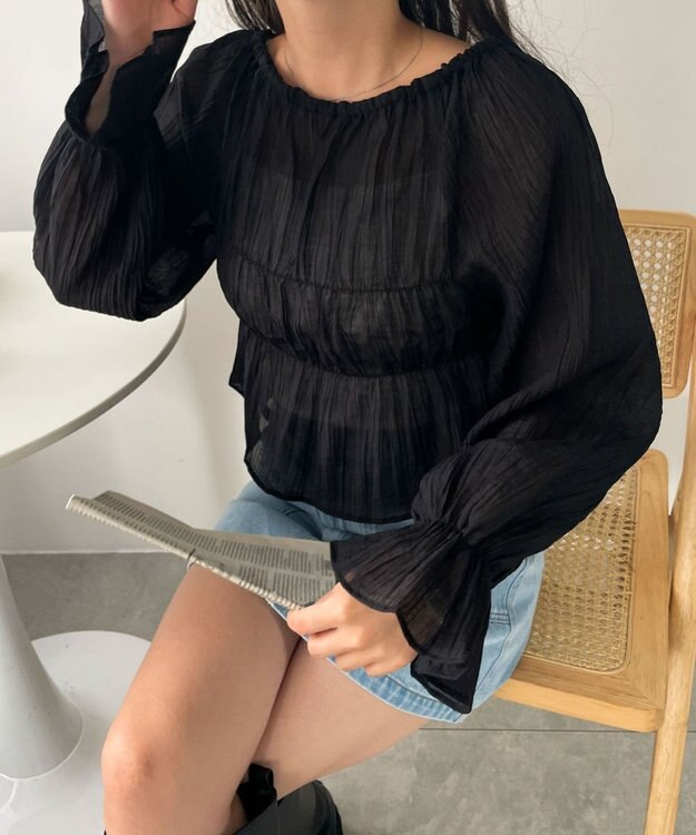 WEGO マルチWAY楊柳シアーシャーリングリボンブラウス ブラック