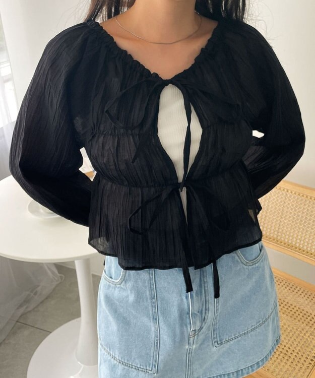 WEGO マルチWAY楊柳シアーシャーリングリボンブラウス ブラック