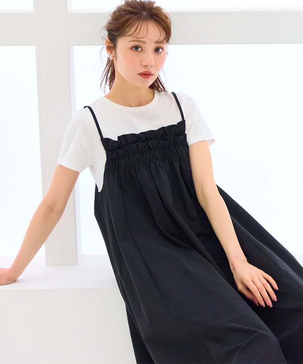 Feroux 【洗える】レイヤード風 ギャザーワンピース ブラック系