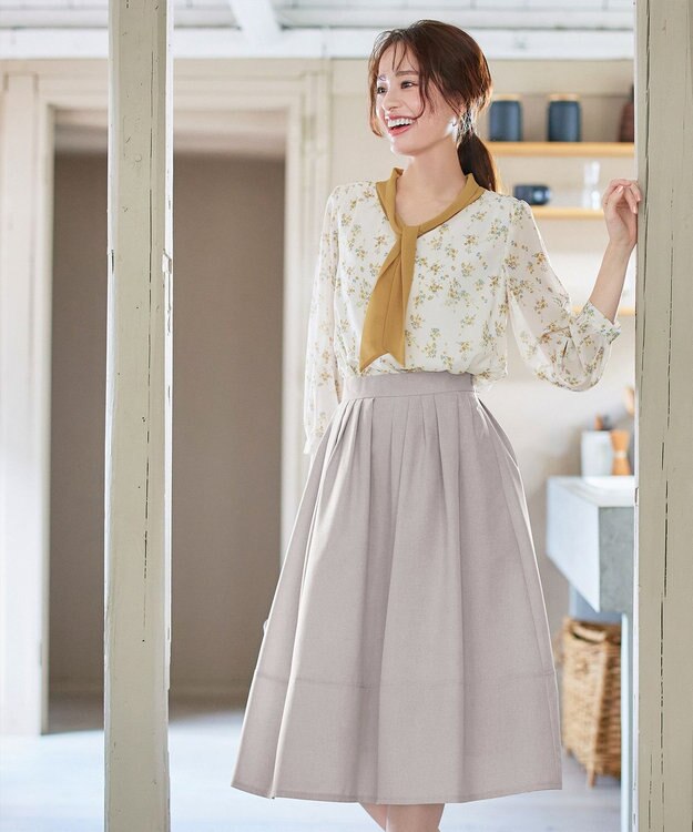Tiaclasse 【選べる丈】麻調タックフレアスカート 膝丈グレージュ