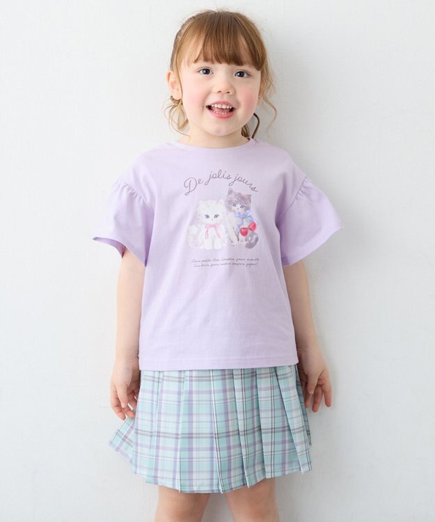 ANY KIDS 【綿100%】ドロップショルダー アニマルプリントTシャツ ラベンダー×ネコ