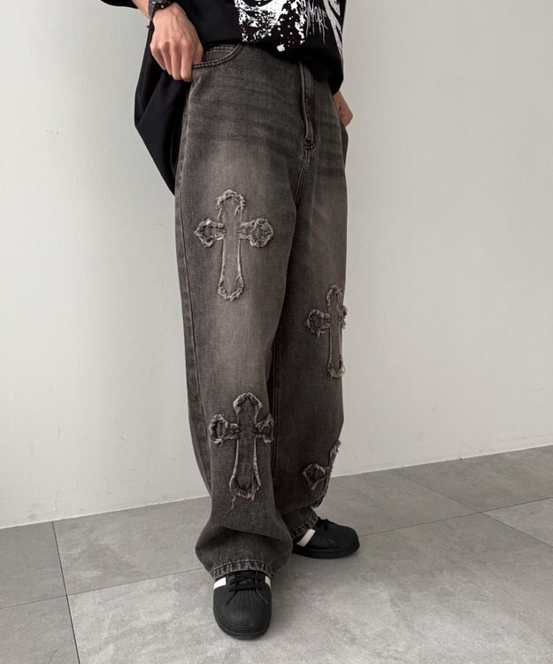 WEGO クロスモチーフオーバーダイバギーパンツ ブラック