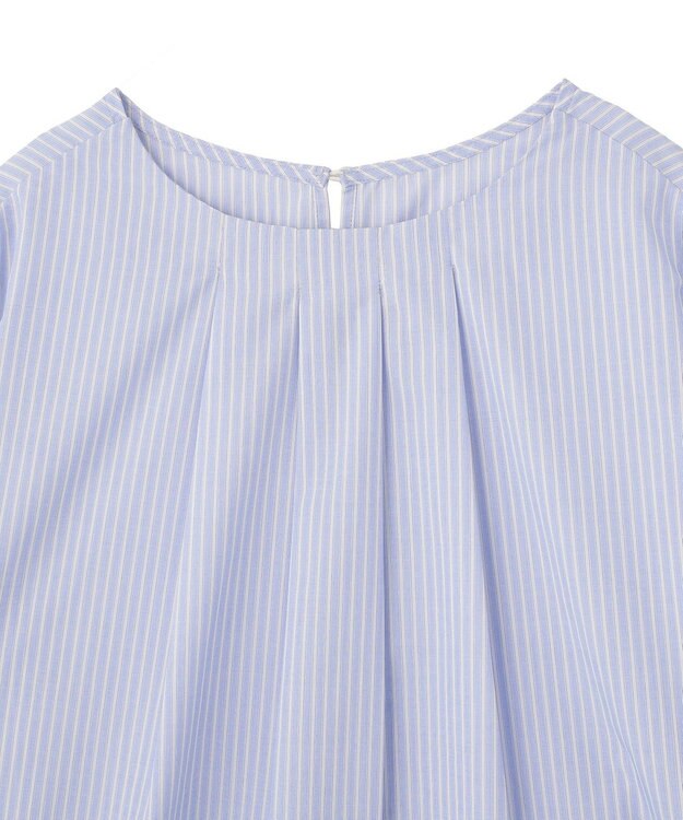 Green Parks イージーケア袖タックブラウス Stripe Blue