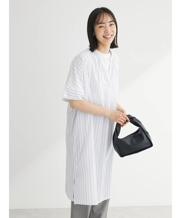 Green Parks 綿麻混スキッパーミニワンピース Stripe Ivory