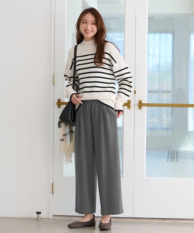 ANY 【洗濯機可能/ストレッチ/ウエストゴム】ウールライク2タックストレートパンツ グレー