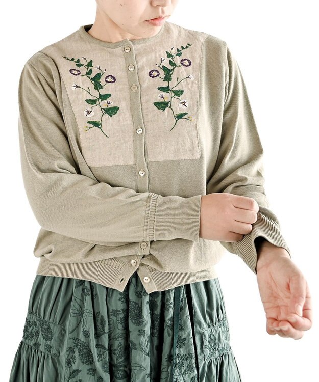 muuc 〈高品質スーピマ超長綿100%〉ヒルガオ刺繍 コットンカーディガン グレーベージュ