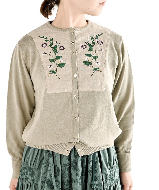 muuc 〈高品質スーピマ超長綿100%〉ヒルガオ刺繍 コットンカーディガン グレーベージュ