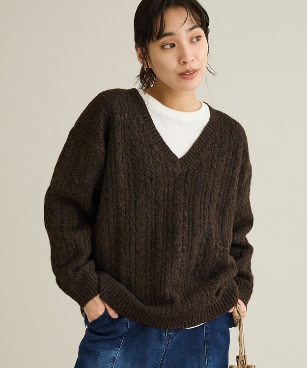 CRAFT STANDARD BOUTIQUE 起毛ケーブルVニットネックニットプルオーバー Dark Brown