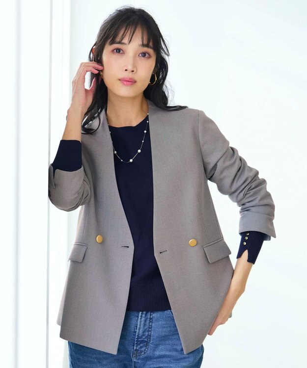 ANY SIS 褒めらレディストレッチ カラーレス ジャケット グレーシャンブレー