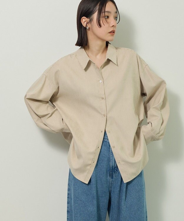 Green Parks シルキータッチストライプシャツ Ecru