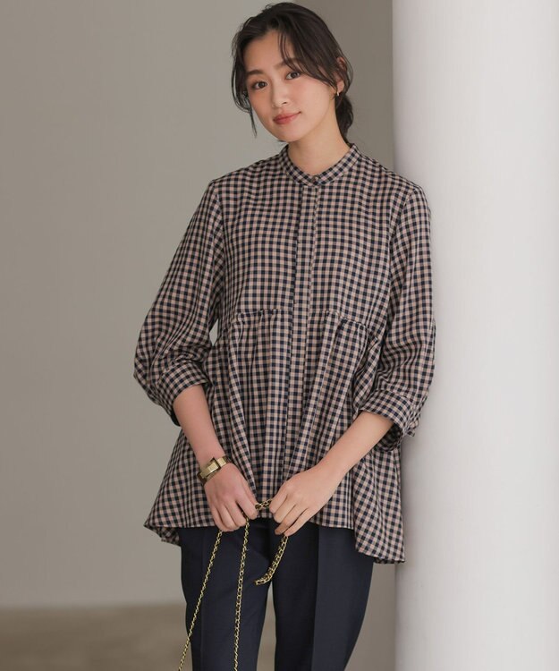 組曲 ニューリヨセルシャーティングペプラム ブラウス ベージュギンガム系3