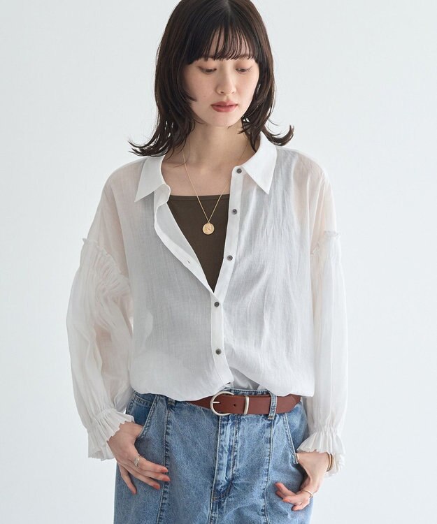YECCA VECCA 綿麻シアーボリュームギャザーシャツ Off White