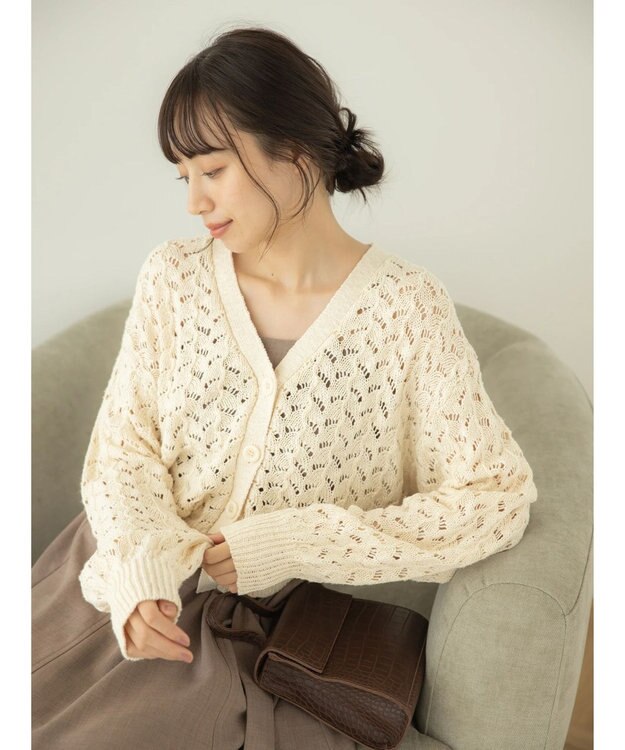 earth music&ecology スラブコットンレース編みカーディガン Ivory