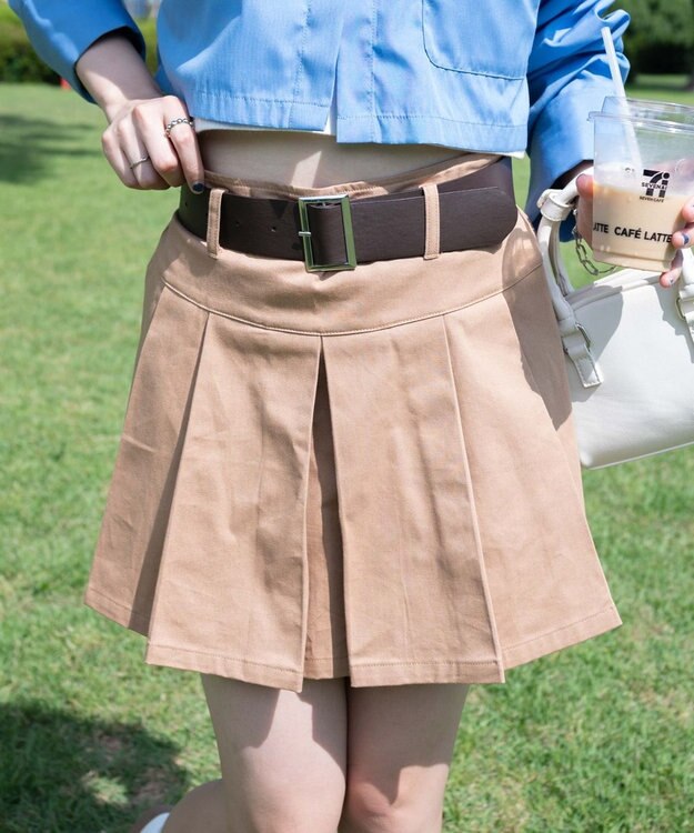 WEGO ベルト付チノプリーツスカパン ベージュ