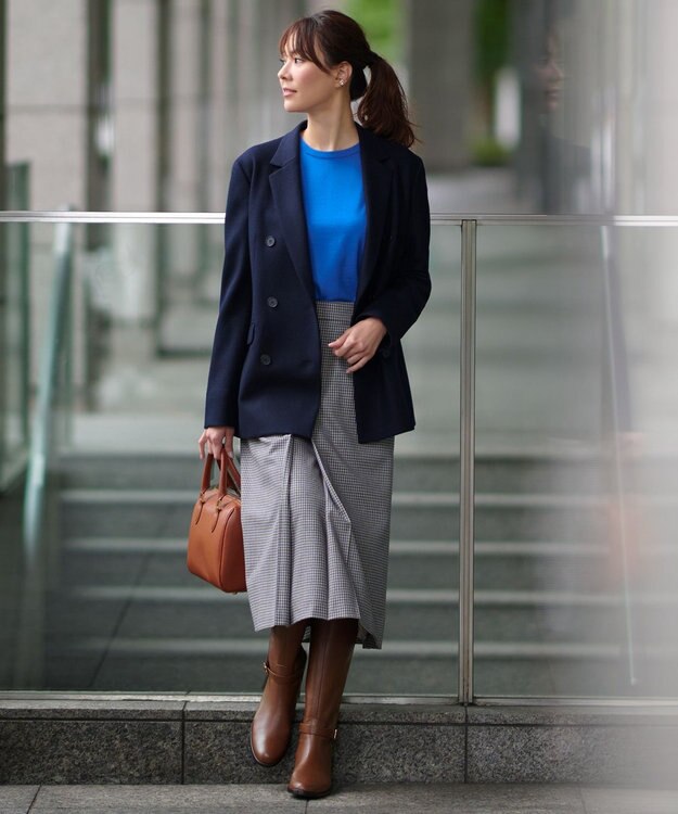 23区 ウールミルドストレッチ チェック フロントタックAラインスカート キャメルチェック