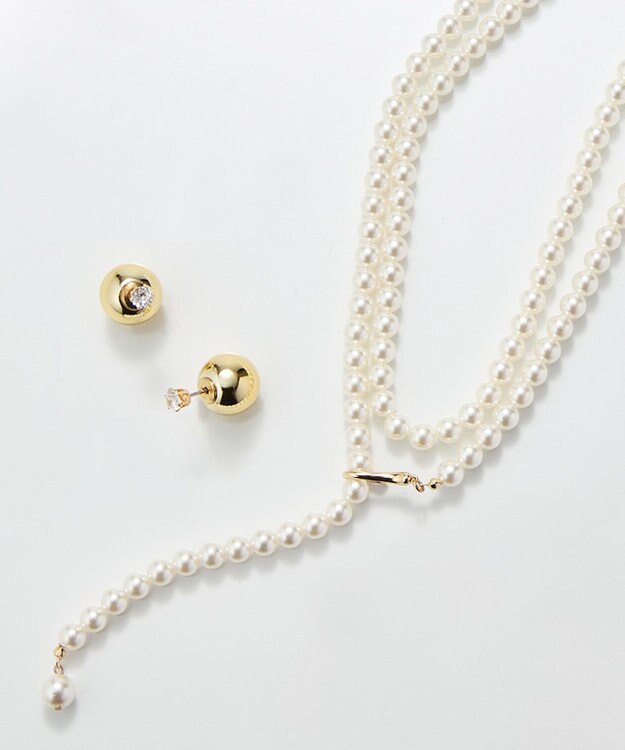 Phoebe 【セレモニーセット】パールフックロングラリエットネックレス×モードメタルビジューバックキャッチピアスSET