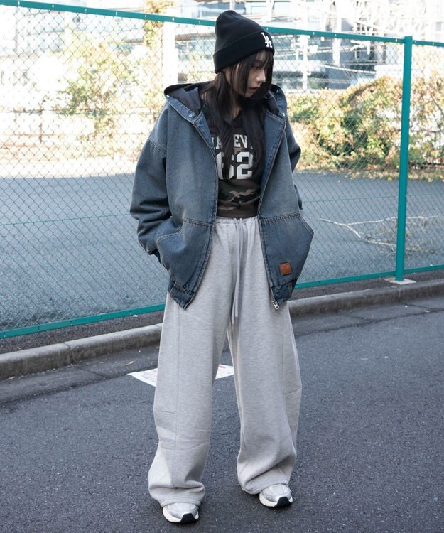 WEGO 【ウエストゴム/SMサイズ展開】裏起毛カーブデザインスウェットパンツ 杢グレー