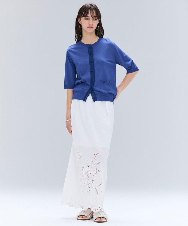 BEIGE， 【洗える】VALOIS / ジョーゼットトリム半袖カーディガン Blue