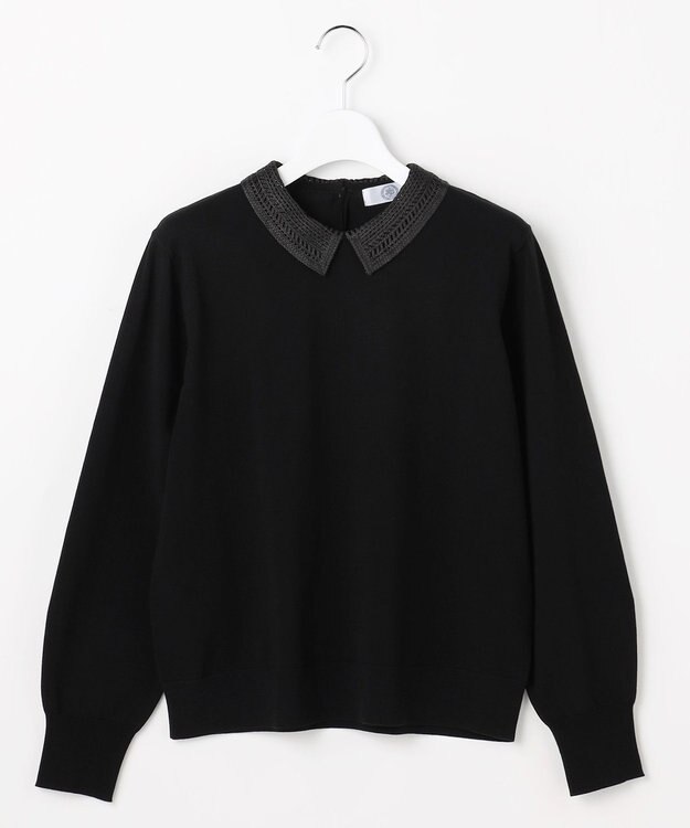 J.PRESS LADIES L レーヨンストレッチ 刺繡襟 ニット ブラック×ブラック系