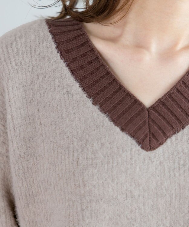 Tiaclasse 【洗える】表情豊かなメランジニットVネックトップス ベージュ×ブラウン