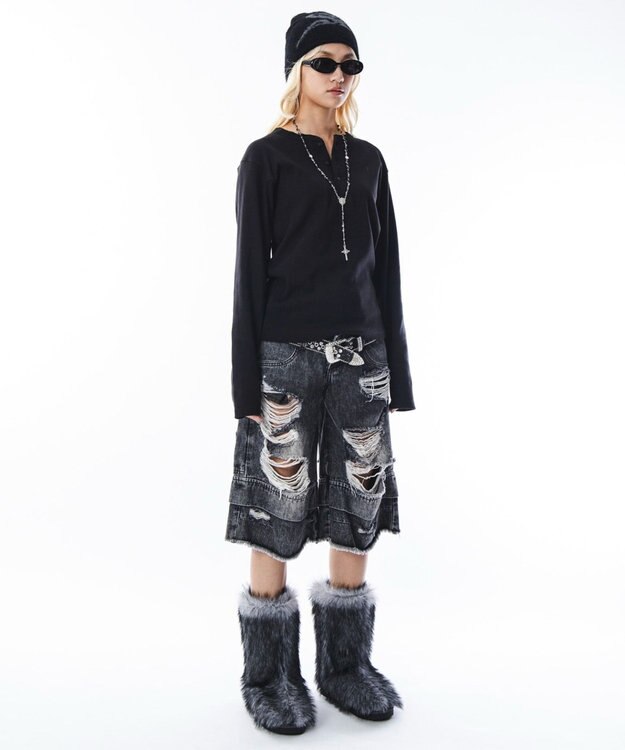 WEGO 【ユニセックス着用ITEM】コンパクトフィットリブヘンリーネックT（LS） ブラック