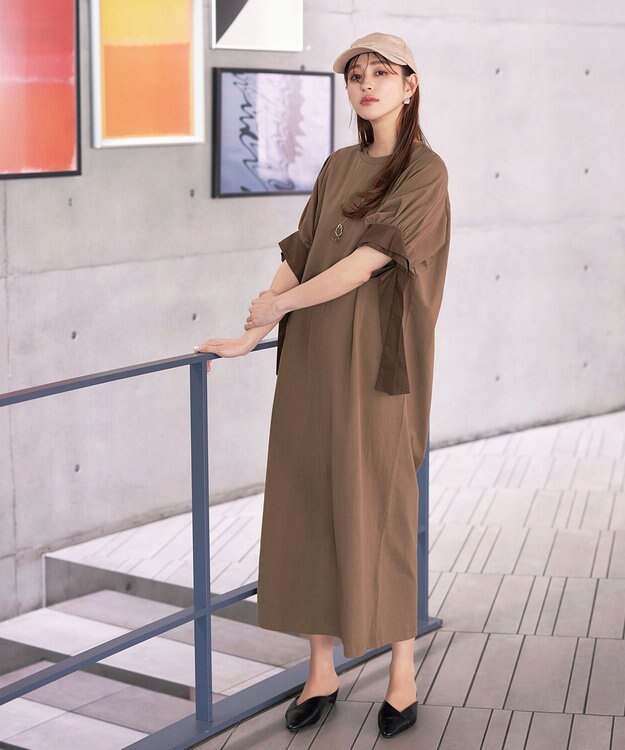 Tiaclasse 【洗える】デザインカフス付きマキシカットソーワンピース ブラウン