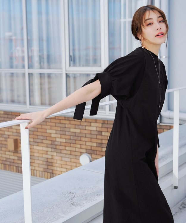 Tiaclasse 【洗える】デザインカフス付きマキシカットソーワンピース ブラック