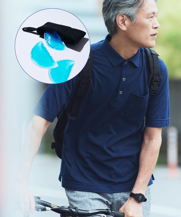 JOSEPH ABBOUD MOUNTAIN 暑さに徹底抗戦【首元に冷感ジェル】フリーズパックポロ 無地タイプ ネイビー系