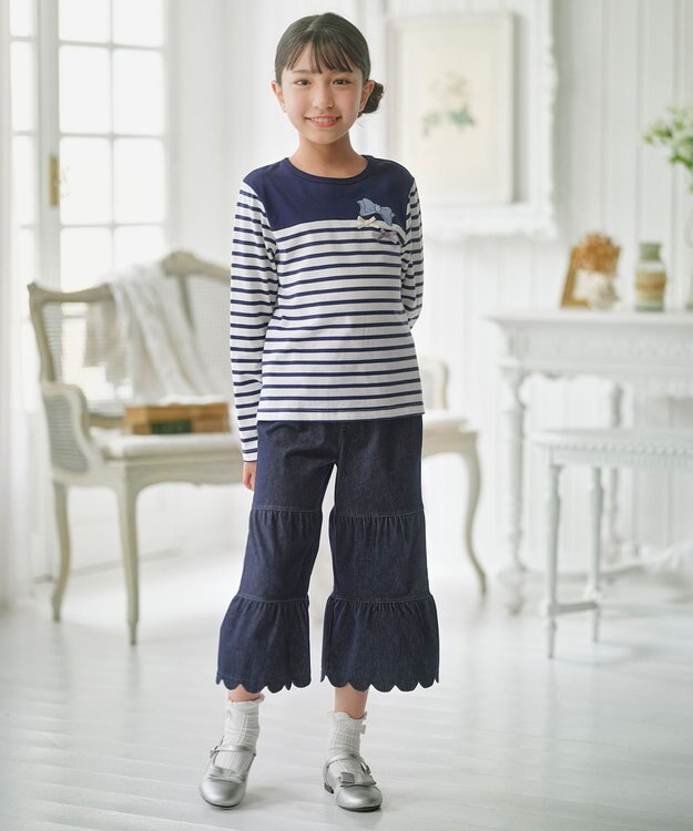 組曲 KIDS 【150-160㎝】リボンボーダー Tシャツ ネイビー