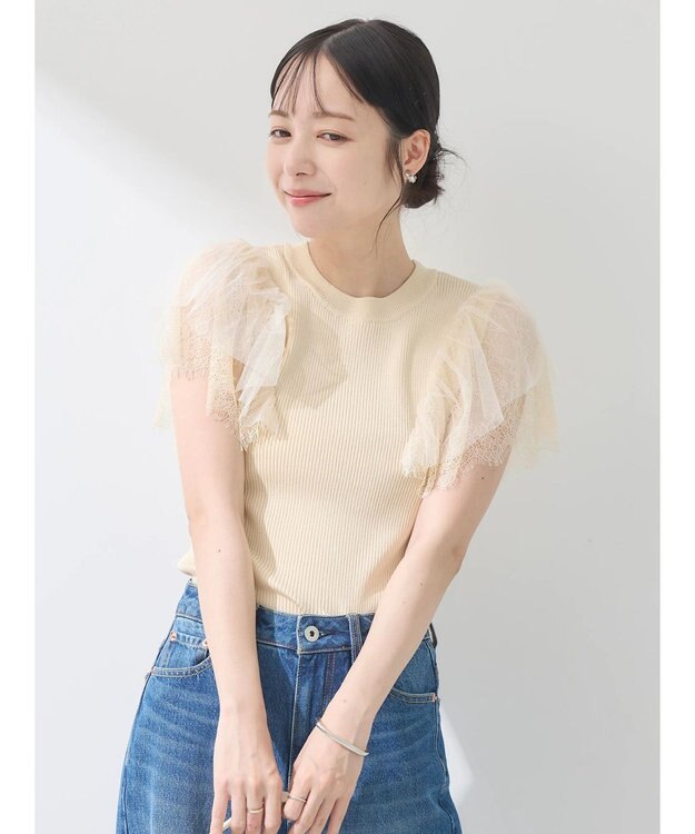 earth music&ecology 袖レースリブニットプルオーバー Light Beige