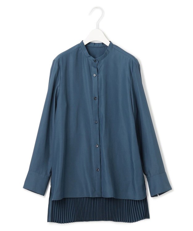 ICB 【洗える】 スパンローンプリーツ バンドカラーシャツ ダルブルー系