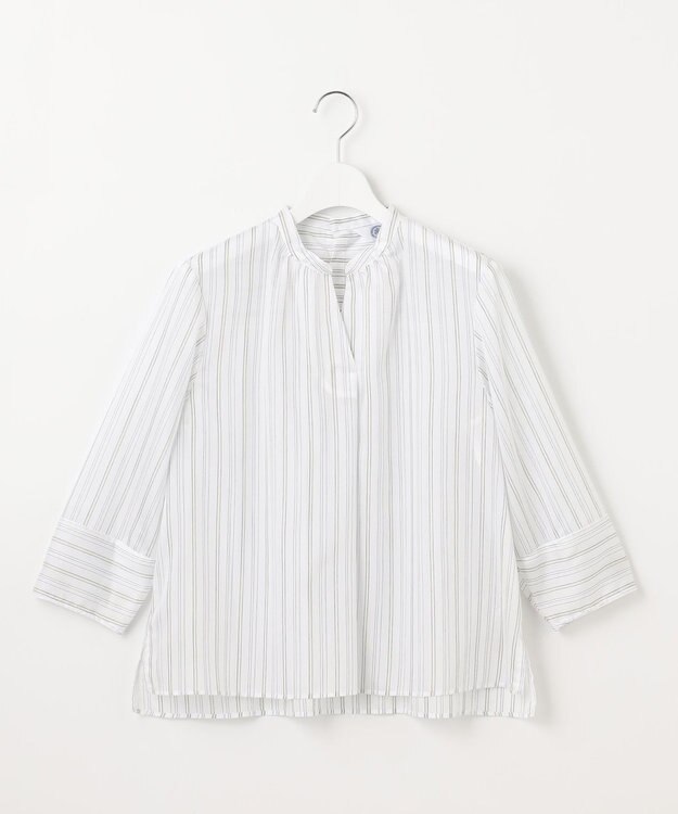 J.PRESS LADIES 【洗える】ランダムストライプ スタンドカラー  ブラウス オフ×ライムストライプ系