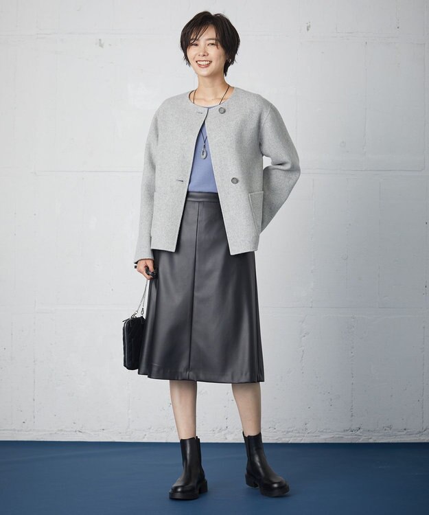 J.PRESS LADIES 【リバーシブル】ウールナイロン リバー ノーカラー ショートコート ライトグレー系