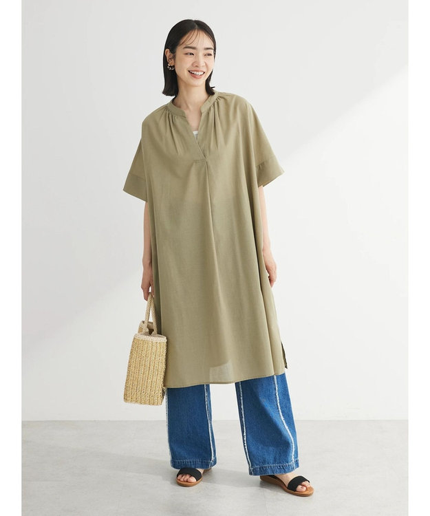 Green Parks 綿麻混スキッパーミニワンピース Khaki