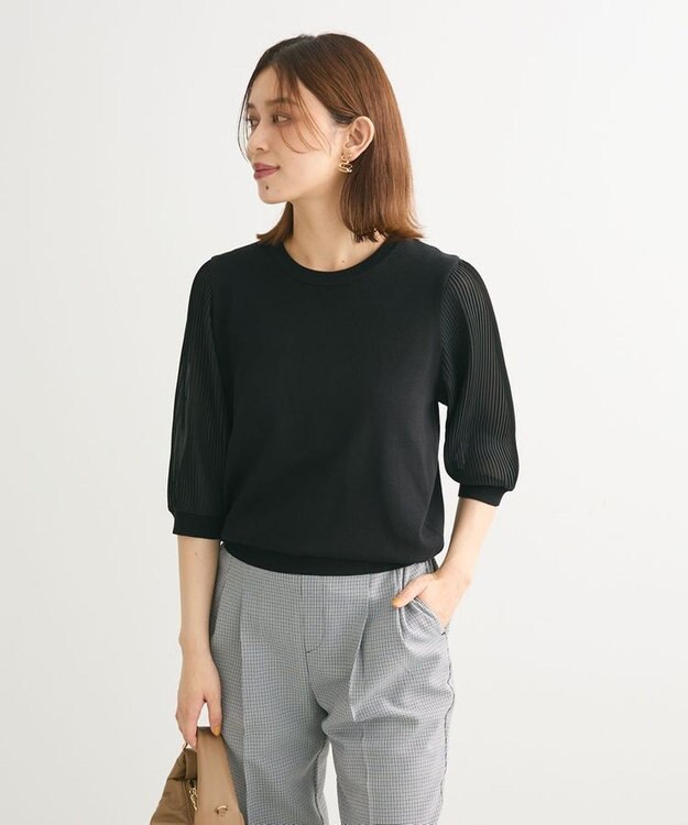 Green Parks 袖プリーツドッキング５分袖ニットプルオーバー Black