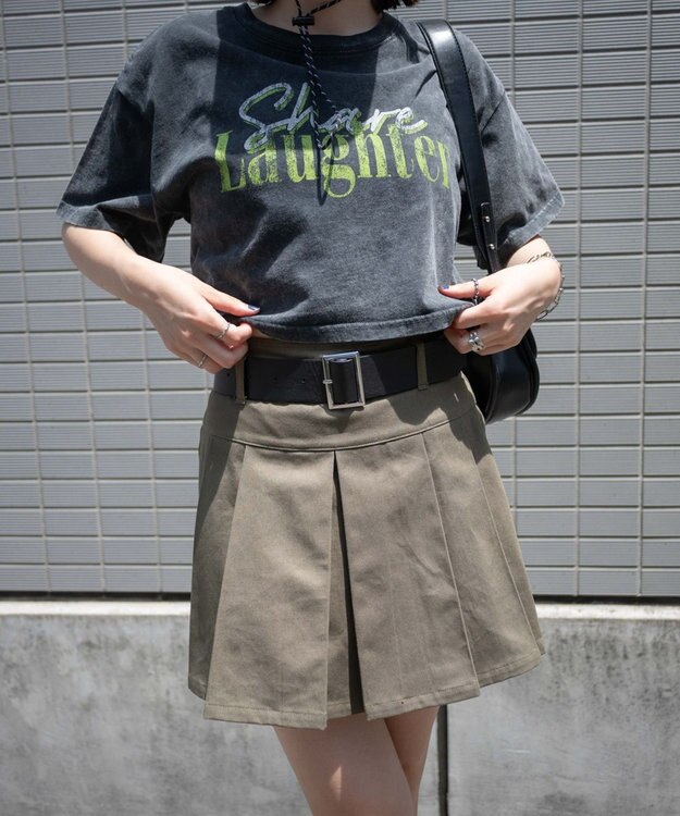 WEGO ベルト付チノプリーツスカパン カーキ