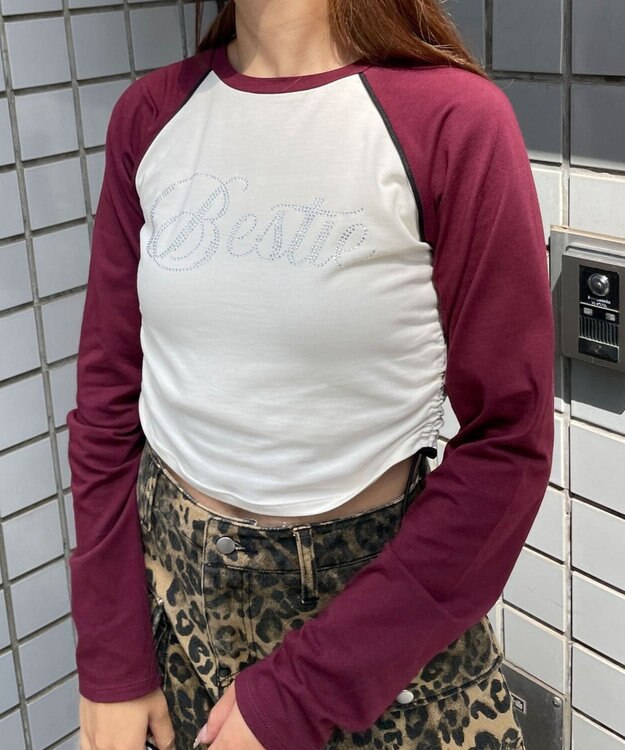 WEGO ラインストーンサイドドロストラグランロンT ワイン