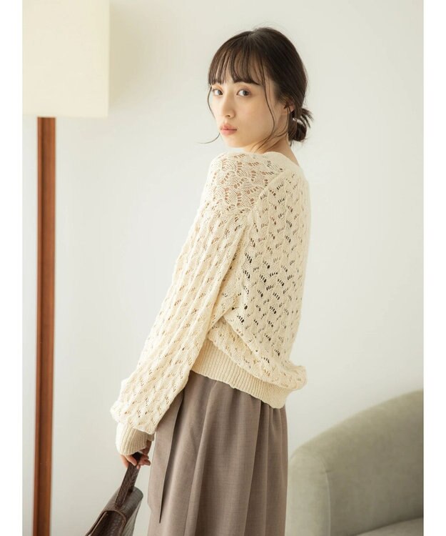 earth music&ecology スラブコットンレース編みカーディガン Ivory