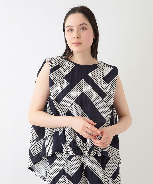 UCHINO クレープガーゼ ジオメトリックブラウス ダークブルー