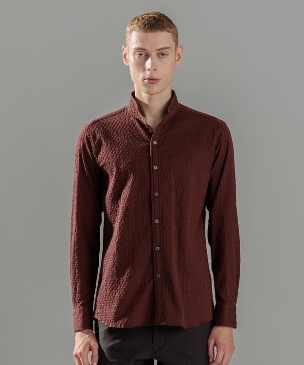 JOSEPH HOMME トライジャガードストレッチ　ウィングカラーシャツ ワイン系