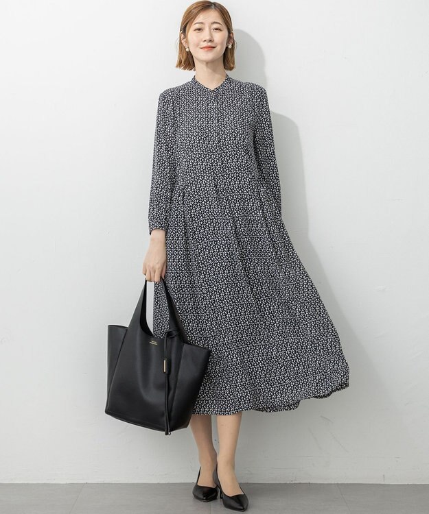 23区 L 【洗える】モダンジオメトリックプリント ワンピース ダークブラウン系