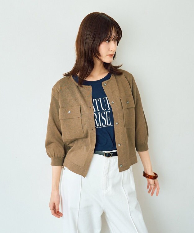 YECCA VECCA ノーカラー7分袖ポケットカーディガン Dark Beige