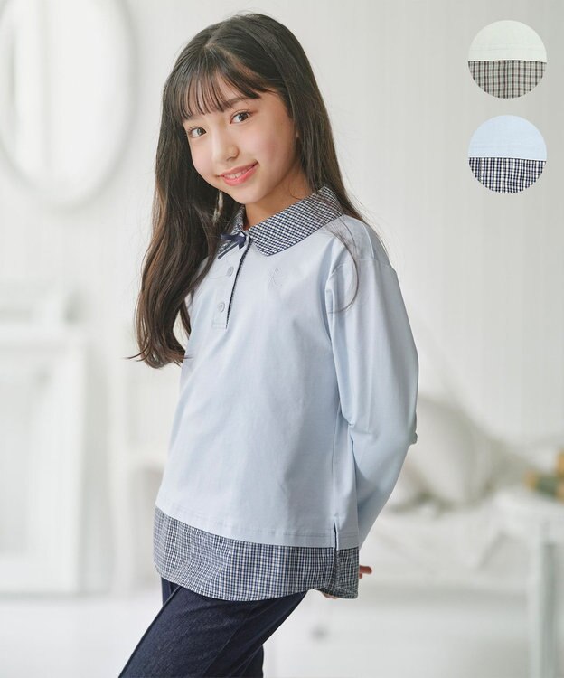 組曲 KIDS 【150-160㎝】 ミニチェック レイヤードトップス サックスブルー