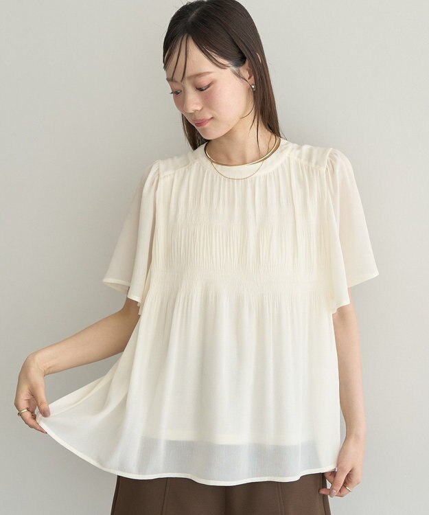 earth music&ecology マジョリカプリーツ半袖ブラウス Ivory