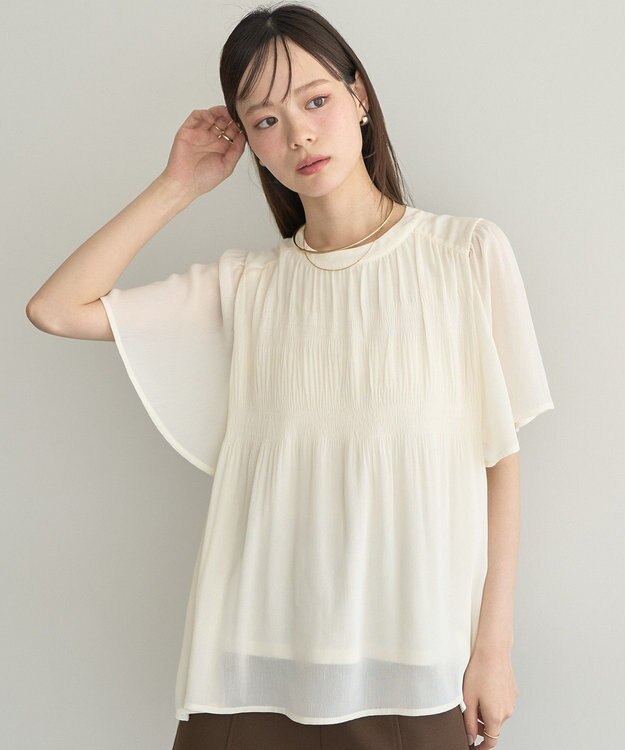 earth music&ecology マジョリカプリーツ半袖ブラウス Ivory