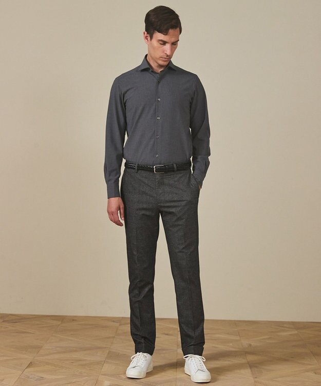 GOTAIRIKU 【シワになりにくい/ストレッチ/洗える】ウールライク シャツ_カッタウェイカラー グレー系