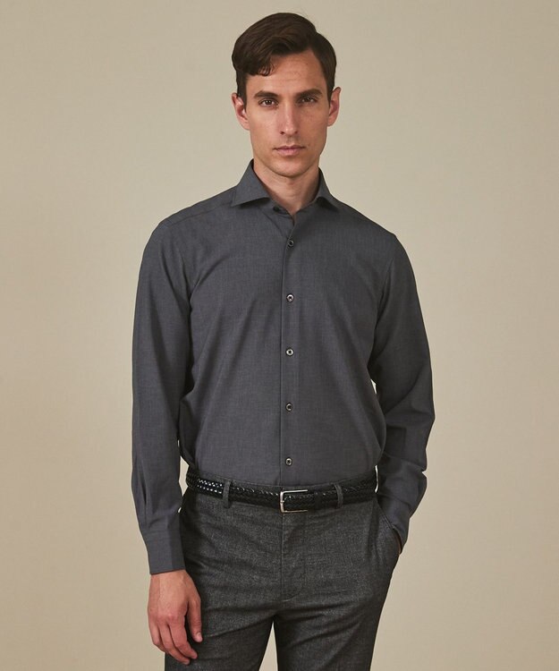 GOTAIRIKU 【シワになりにくい/ストレッチ/洗える】ウールライク シャツ_カッタウェイカラー グレー系