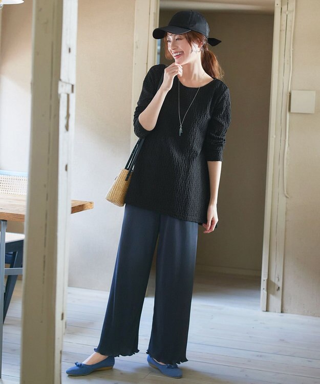 Tiaclasse 【洗える】花柄カットレースフレアトップス ブラック