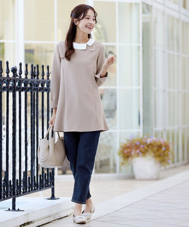 Tiaclasse 【3WAY・ストレッチジョーゼット】付け襟チュニック グレージュ